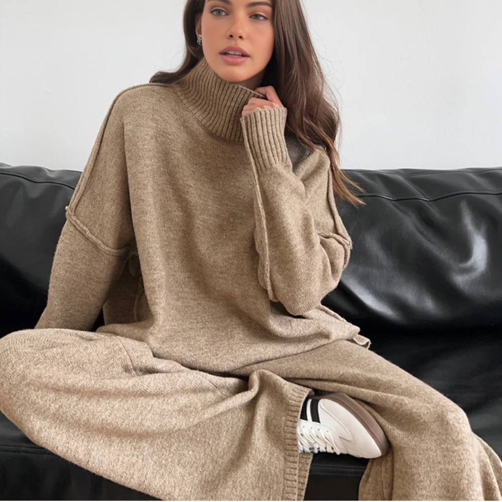 Plain Turtleneck Knit Pants Set in Camel